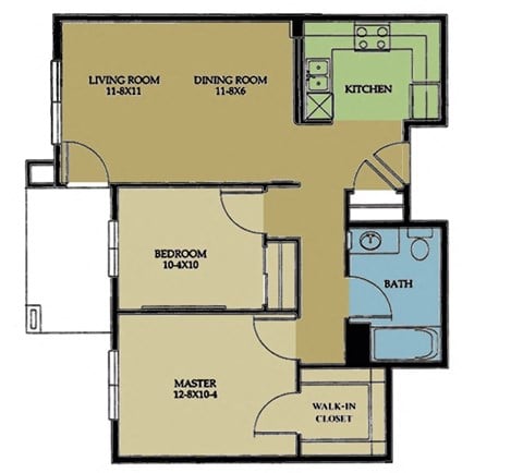 Floor plan for 2 beds, 1 bath, 804 sqft